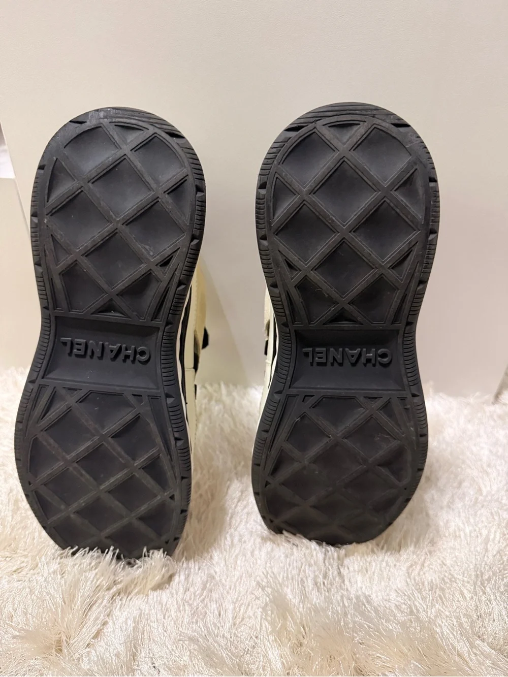 AUTHENTIC CHANEL Cream and Black Low-Top Sneakers with Gold Logo
